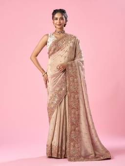 Mohey - Women Beige Organza Hand Embroidered Saree
