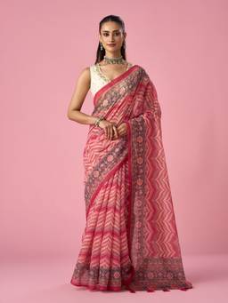 Mohey - Women Pink Blended Cotton Floral Print Saree