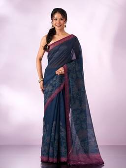 Mohey - Women Indigo Blue Blended Cotton Saree with Print