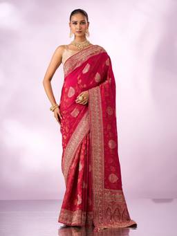 Mohey - Women Rani Silk Saree with Hand Embroidery