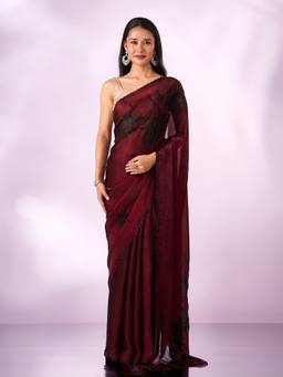 Mohey - Women Maroon Organza Printed Saree with Stone Work