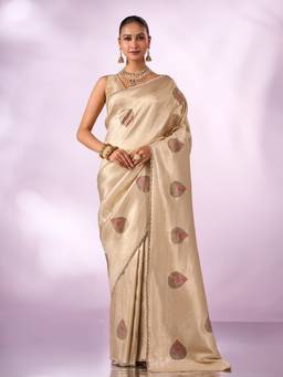 Mohey - Women Cream Silk Saree with Print and Stone Work