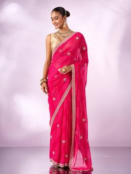 Mohey - Women Pink Chiffon Embroidered Saree