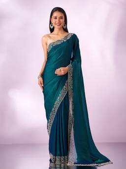 Mohey - Women Teal Organza Embroidered Stone Work Saree