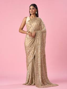 Mohey - Women Beige Chiffon Cutdana and Sequin Work Saree