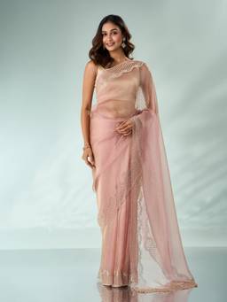 Mohey - Women Pink Organza Stone Work Saree
