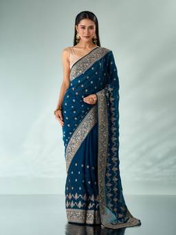 Mohey - Women Blue Art Silk Embroidered Stone Work Saree