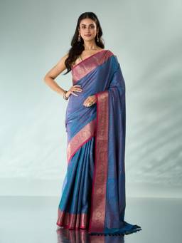 Mohey - Women Blue Silk Zari Woven Saree
