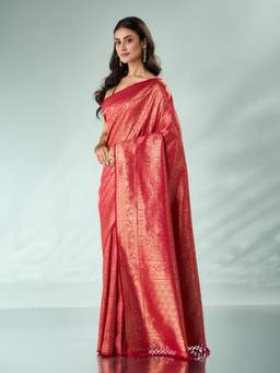 Mohey - Women Pink Silk Zari Woven Tassels Saree