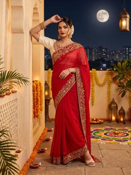 Sareemall - Women's Satin Silk Red Embroidered Designer Saree