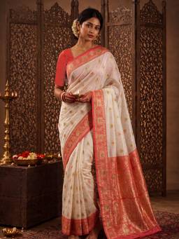Sareemall - Women's Banarasi Silk White Woven Designer Saree