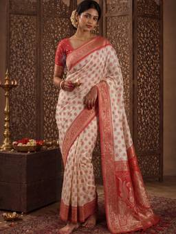 Sareemall - Women's Banarasi Silk White Woven Designer Saree
