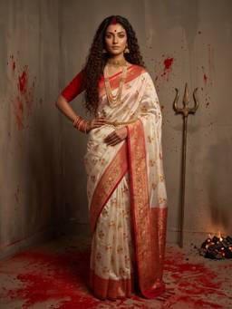 Sareemall - Women's Banarasi Silk Off White Woven Designer Saree