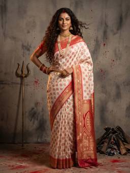 Sareemall - Women's Banarasi Silk White Woven Designer Saree