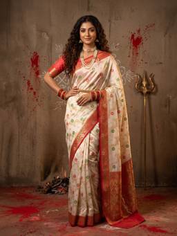 Sareemall - Women's Banarasi Silk White Woven Designer Saree