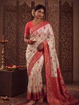 Sareemall - Women's Banarasi Silk White Woven Designer Saree