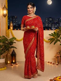 Sareemall - Women's Chiffon Red Embellished Bandhani Designer Saree