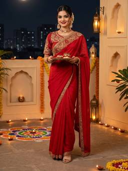 Sareemall - Women's Satin Red Embroidered Designer Saree