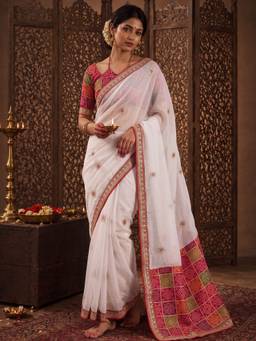 Sareemall - Women's Viscose White Embroidered Designer Saree