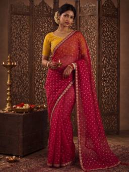 Sareemall - Women's Chiffon Red Embellished Designer Saree