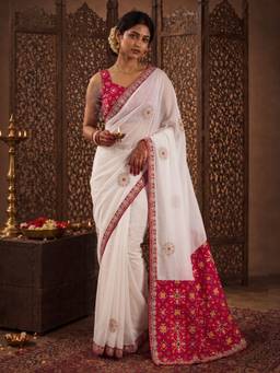 Sareemall - Women's Viscose White Embellished Designer Saree