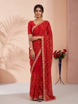 Sareemall - Women's Georgette Red Printed Designer Saree