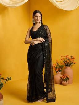 Sareemall - Women's Net Black Stone Work Designer Saree