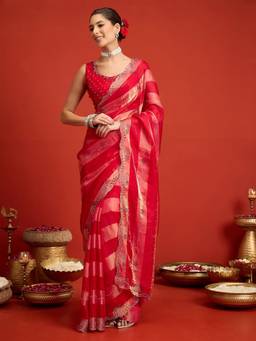 Sareemall - Women's Satin Silk Pink Embellished Designer Saree