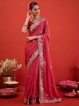 Sareemall - Women's Georgette Pink Embroidered Designer Saree