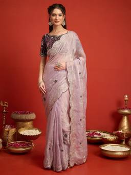 Sareemall - Women's Satin Silk Lavender Embroidered Designer Saree