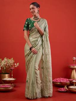 Sareemall - Women's Satin Silk Light Green Embroidered Designer Saree
