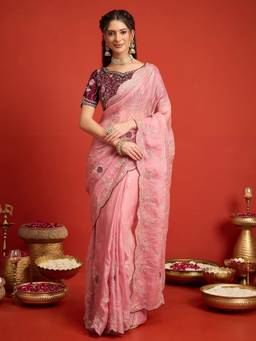 Sareemall - Women's Satin Silk Pink Embroidered Designer Saree