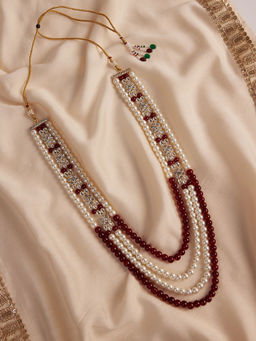 Vastramay - Men's Elegant Multi-Layered Pearl Necklace with Stone Work