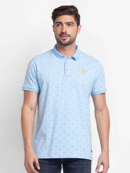 Spykar - Powder Blue Cotton Half Sleeve Printed Casual Polo T-Shirt for Men