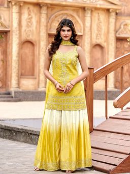 BC Balaji Creation - Yellow Cosmos Silk Embroidery Kurta and Sharara with Dupatta