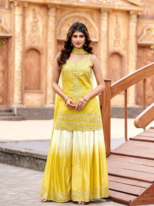 BC Balaji Creation Yellow Cosmos Silk Embroidery Kurta and Sharara with Dupatta