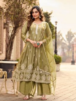 BC Balaji Creation - Olive Green Fendy Satin Anarkali Embroidery Kurta and Palazzo with Dupatta