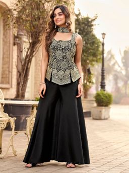 BC Balaji Creation - Black Chinon Indo Western Embroidery Top and Palazzo with Dupatta