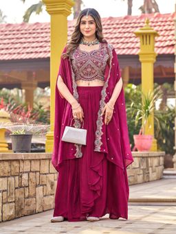 BC Balaji Creation - Hot Pink Rangoli Crush Indo Western Embroidery Top and Palazzo with Cape