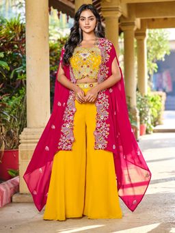 BC Balaji Creation - Multi-Color Georgette Indo Western Embroidery Top and Palazzo with Cape