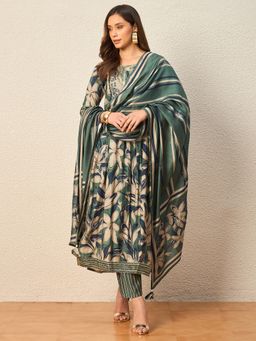 CHETI - Women Chanderi Silk High Slit Green Kurta and Pant with Dupatta