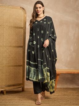 CHETI - Women Cotton Voile Anarkali Black Kurta And Pant With Dupatta