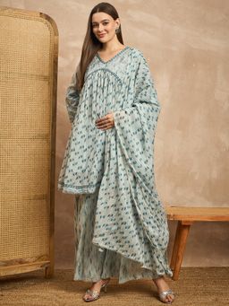 CHETI - Women Cotton Voile Blue Short Kurta And Pant With Dupatta