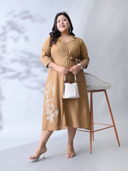 Desi Noor - Beige Embroidered Midi Dress