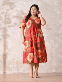 Desi Noor - Red Pintuck Floral Scalloped Neck Dress