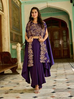 Chhabra 555 - Zari Embroidery Indo-Western Purple Crop Top and Skirt with Dupatta