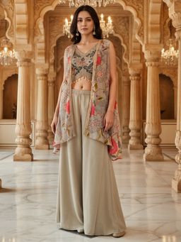 Chhabra 555 - Embroidered Beige Indo-western Crop Top and Palazzo with Dupatta