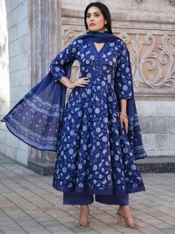 Chhabra 555 - Indigo Hand Block Print Anarkali Kurta and Palazzo with Dupatta