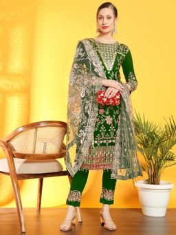 Chhabra 555 - Green Floral Sequinned Kurta and Pant with Dupatta