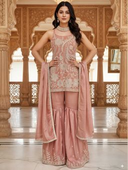 Chhabra 555 - Bead Embroidered Chinon Peach Kurta and Sharara with Dupatta